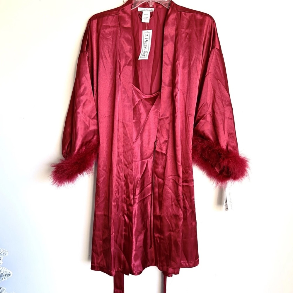 Linea Donatella 2 piece Satin Robe and Nightie Set Feather Trim
